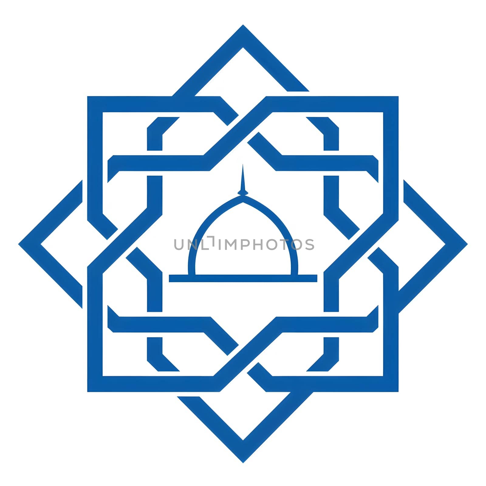 A blue geometric pattern with an Islamic mosque dome in the center.