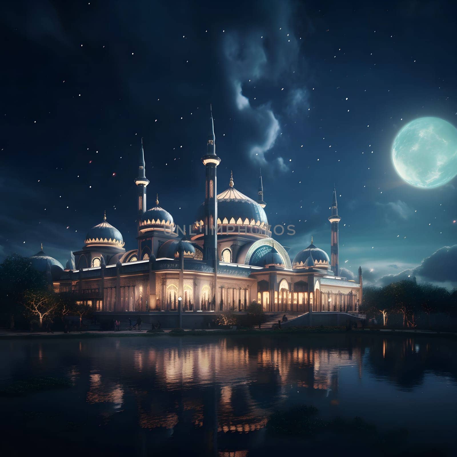 A majestic mosque stands tall against a night sky adorned with stars and a luminous moon. The building is beautifully illuminated, its reflection shimmering in the still water below.