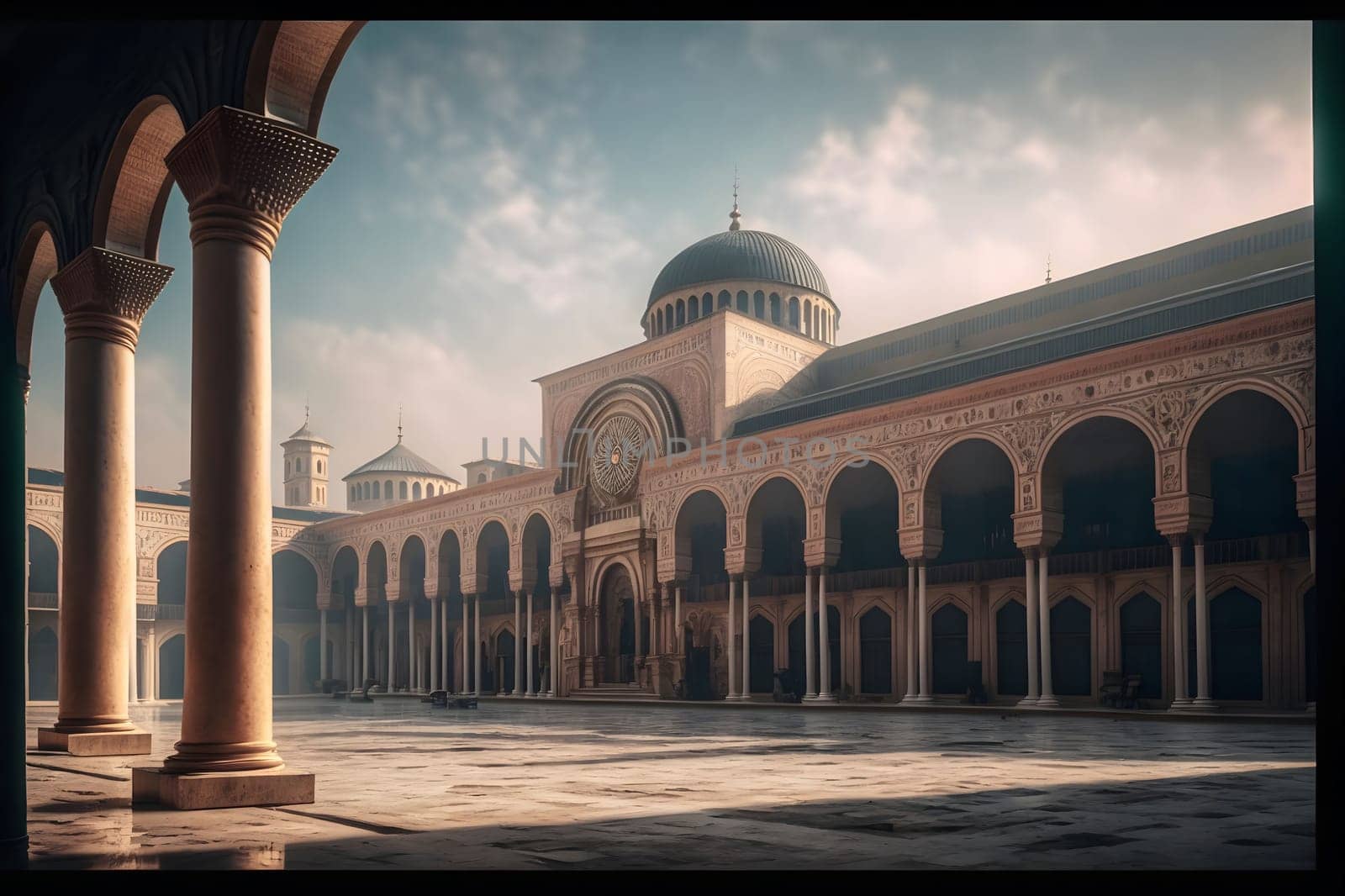 A breathtaking view of a mosque courtyard, showcasing intricate details and captivating architecture. The image captures the essence of Islamic design with its grand arches, ornate columns, and majestic dome.