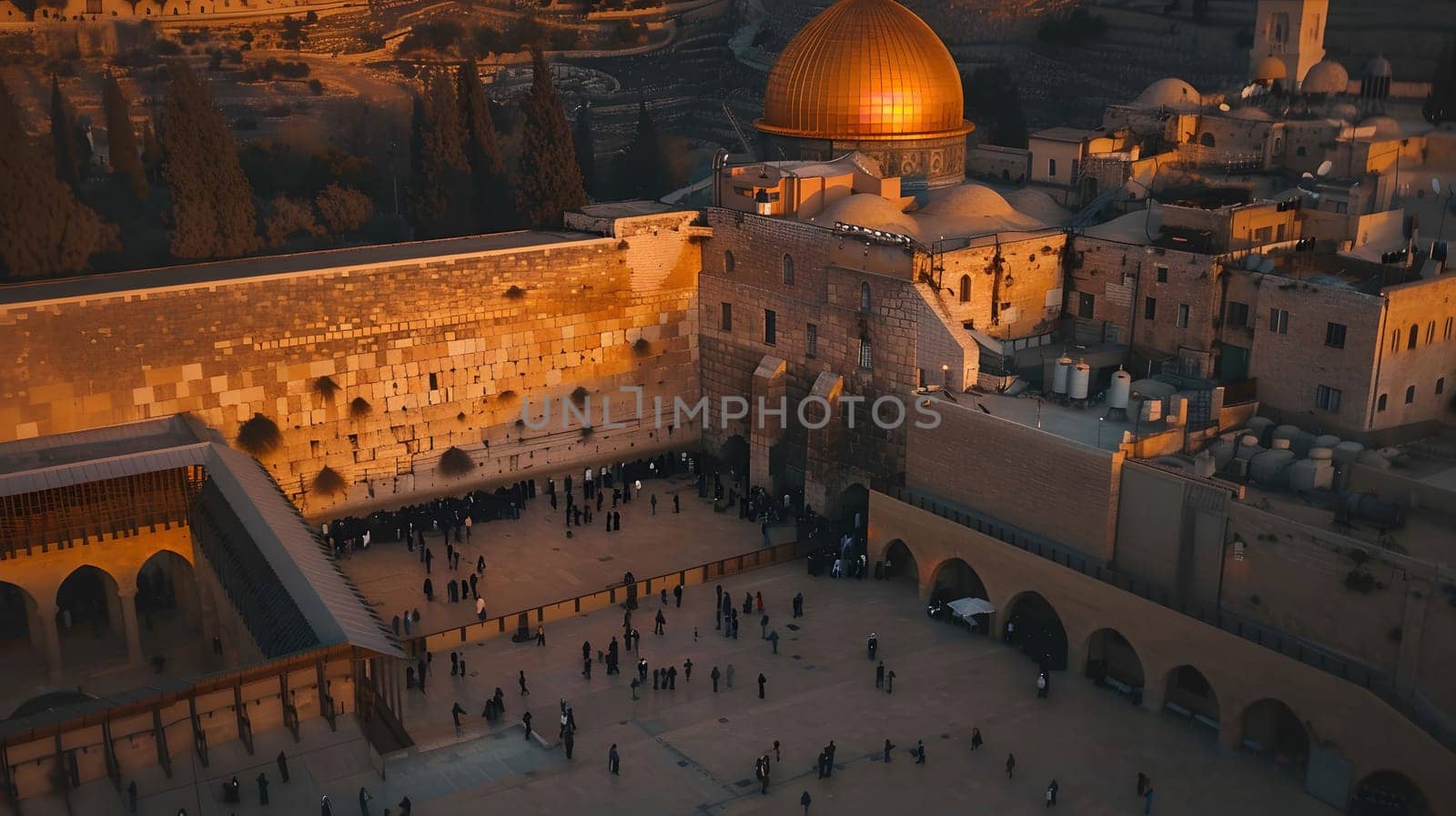 An aerial view of the Western Wall and Dome of the Rock in Jerusalem. The Western Wall is a sacred site for Judaism, while the Dome of the Rock is a mosque and an important Islamic landmark.