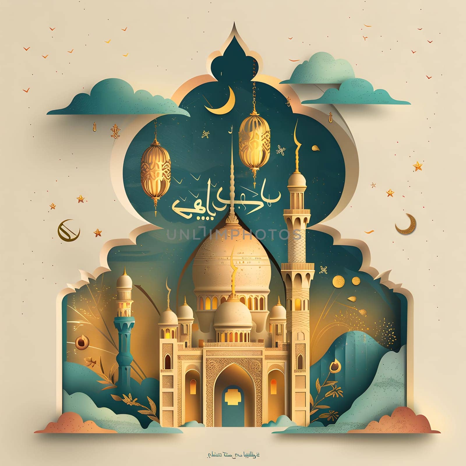 A beautiful illustration of a mosque with traditional Islamic decorations and the words Eid Mubarak in Arabic calligraphy. The paper cut style and the warm color palette create a festive atmosphere.