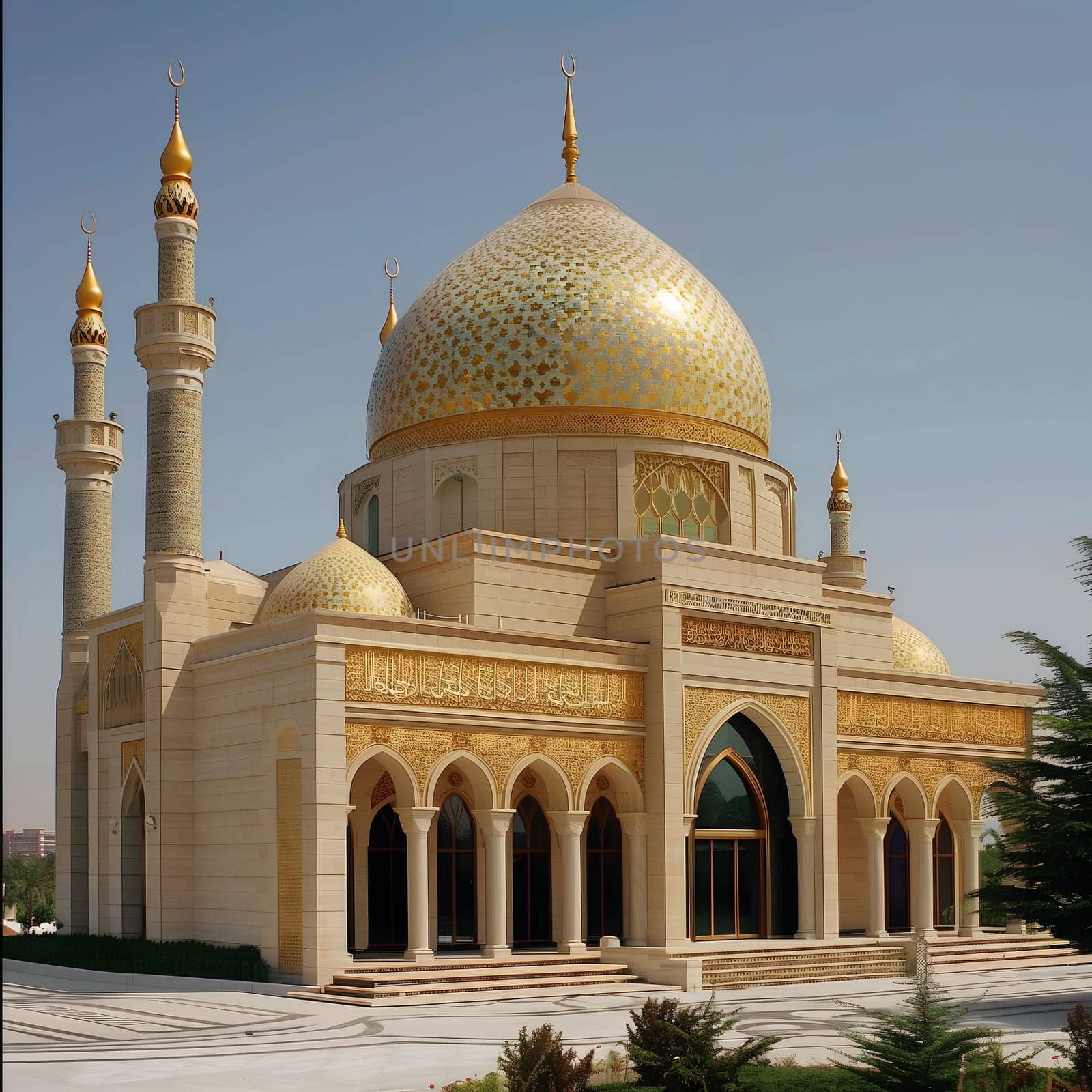 A large mosque with golden domes and minarets stands tall against a clear blue sky.