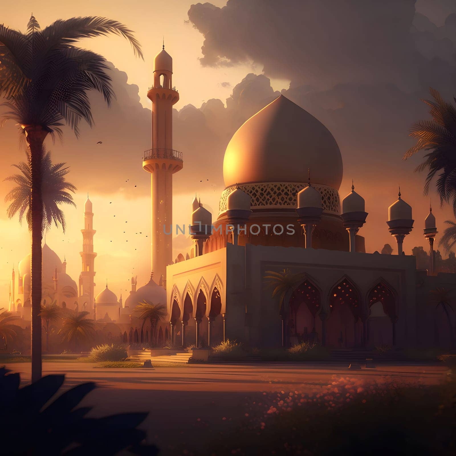 A beautiful mosque with golden domes and minarets, bathed in the warm glow of a sunset. The architecture and intricate details create a sense of peace and serenity.