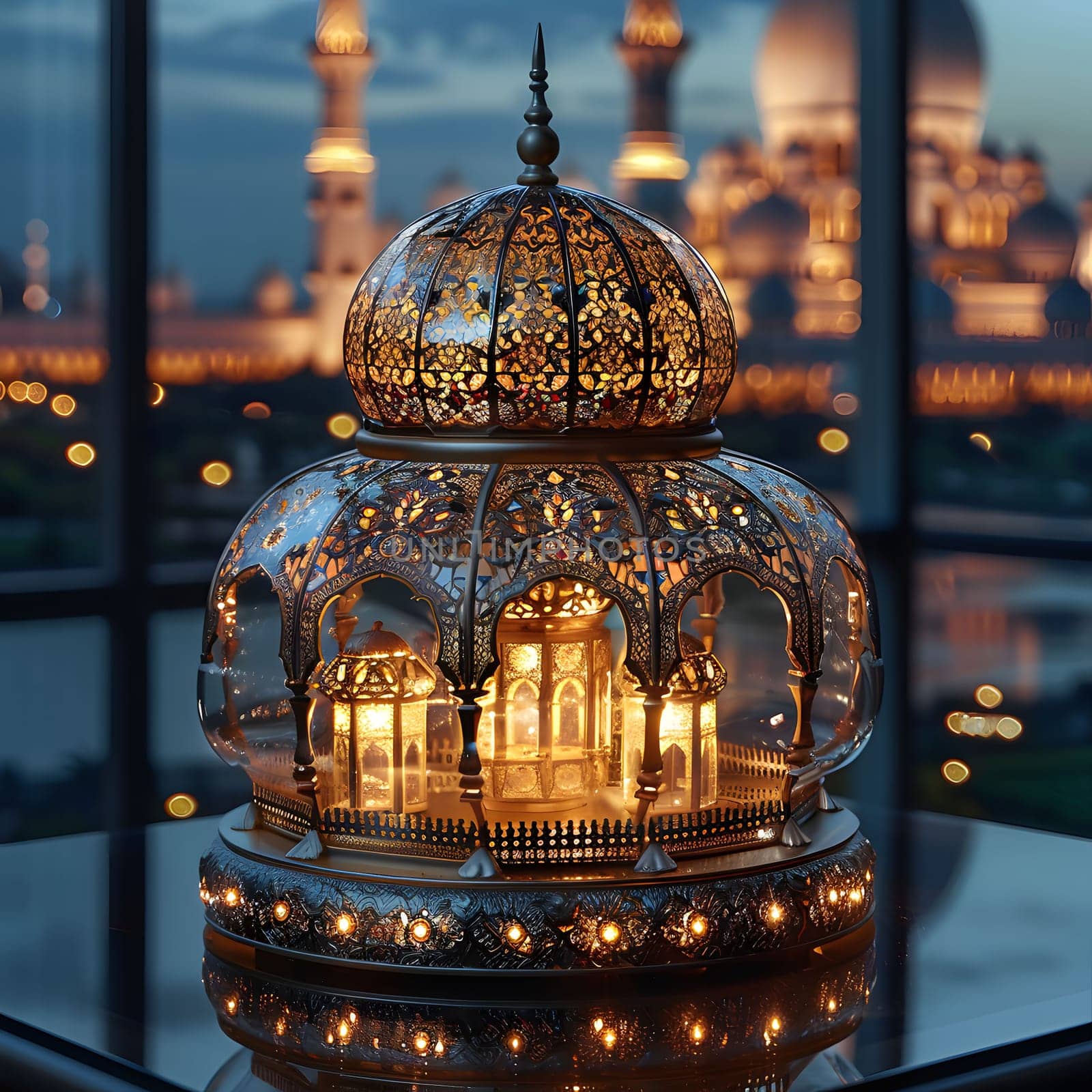 An ornate lantern with glowing lights in front of a city skyline at night.