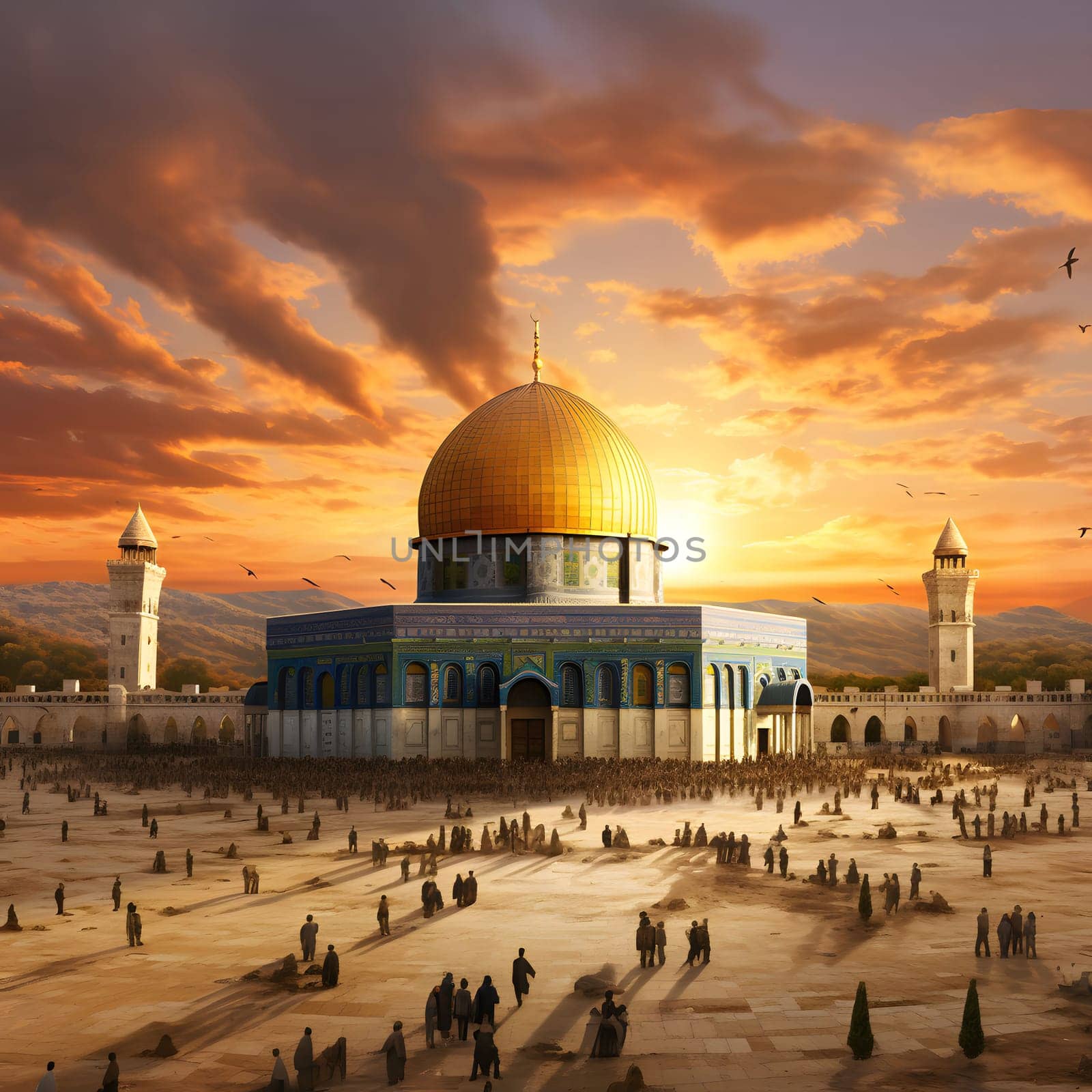 The Dome of the Rock in Jerusalem at sunset, a significant Islamic landmark and a symbol of faith.