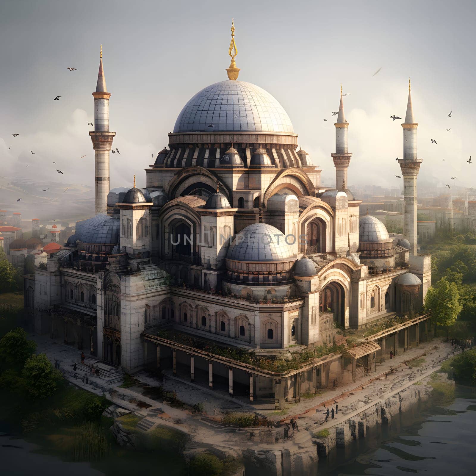 A stunning view of a mosque in Istanbul, showcasing its intricate details and magnificent architecture. The dome and minarets stand tall against a clear sky.