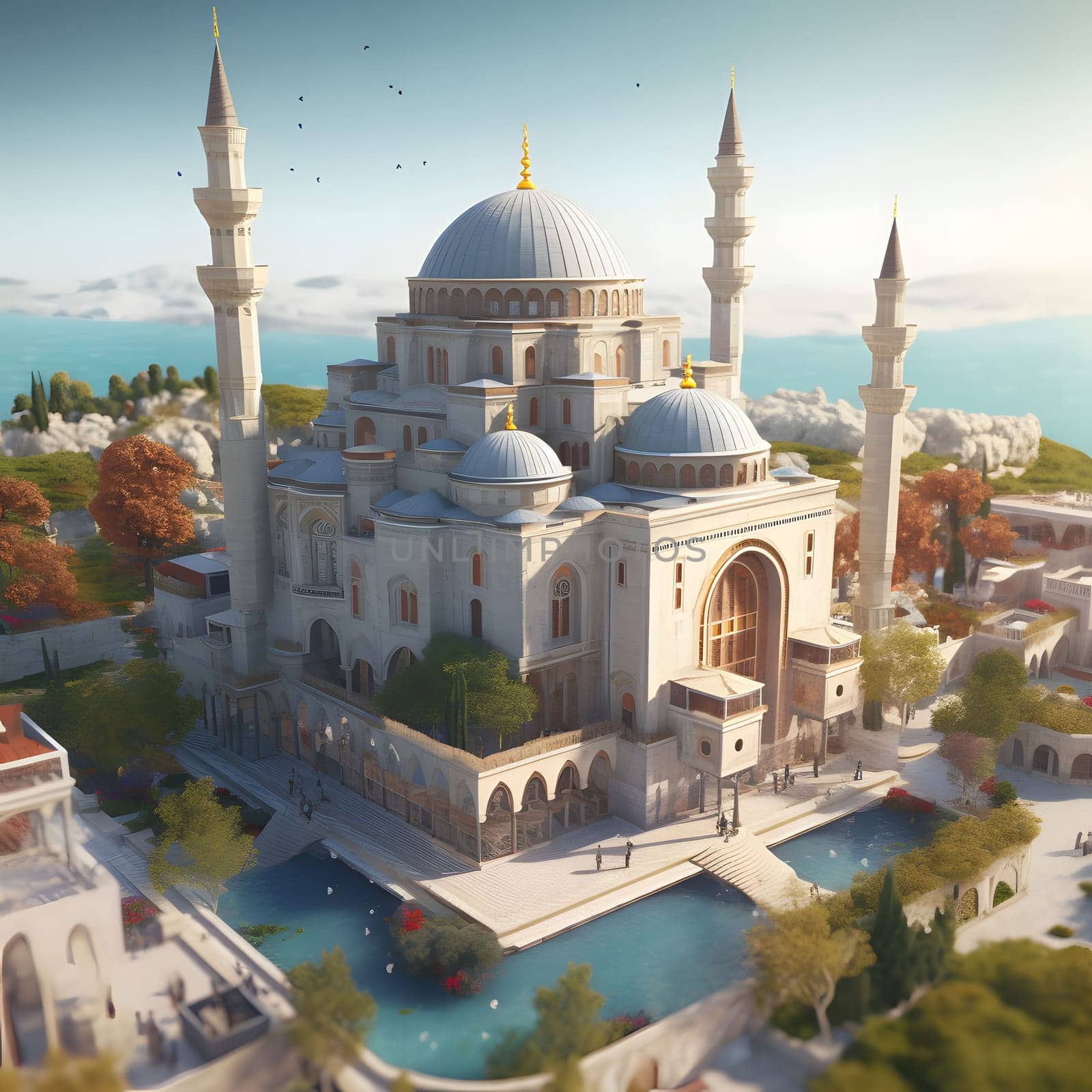 A magnificent mosque with intricate details stands tall against a clear blue sky, surrounded by lush greenery and a serene pond.