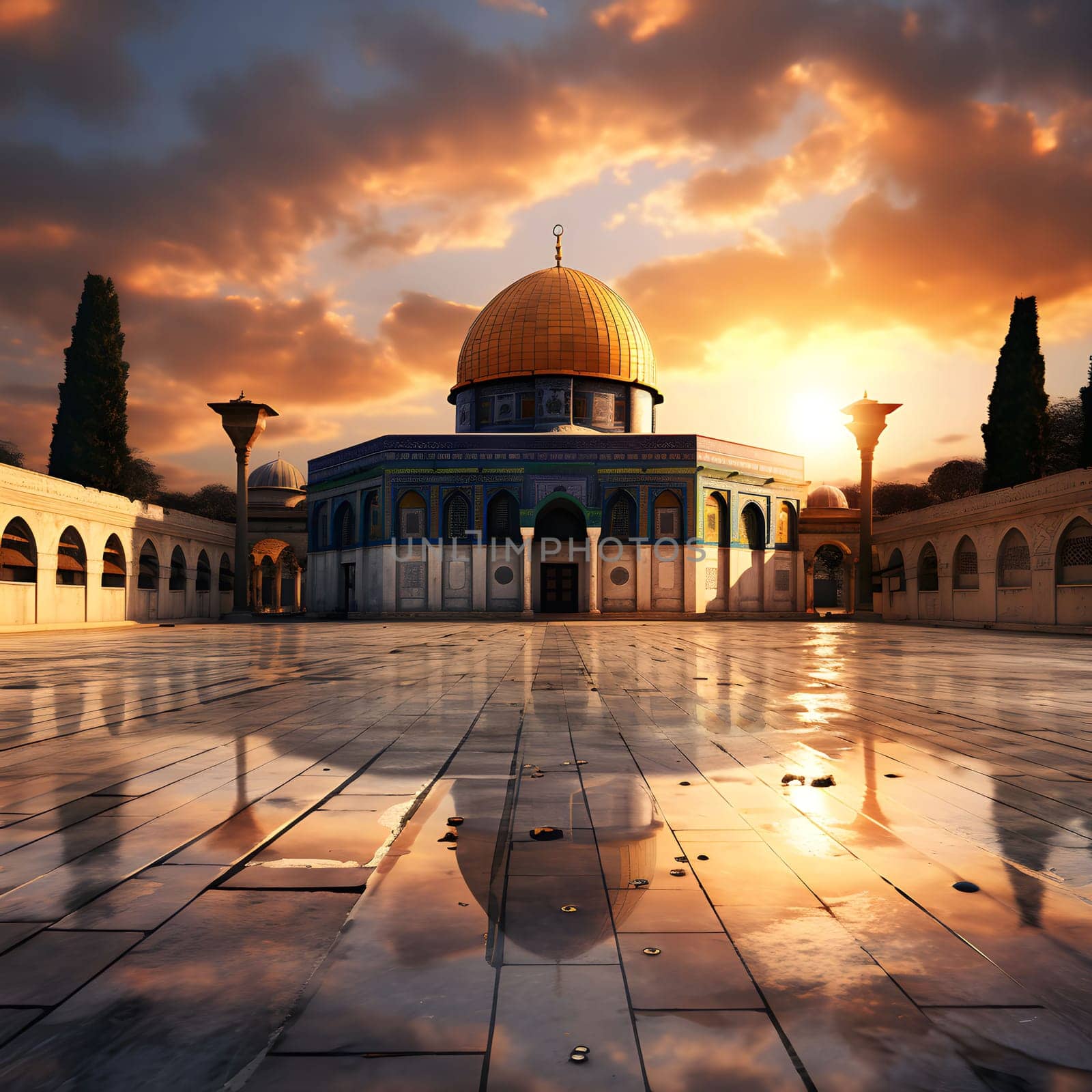 The Dome of the Rock in Jerusalem at sunset, with a beautiful golden hue illuminating the sky and the mosque itself.