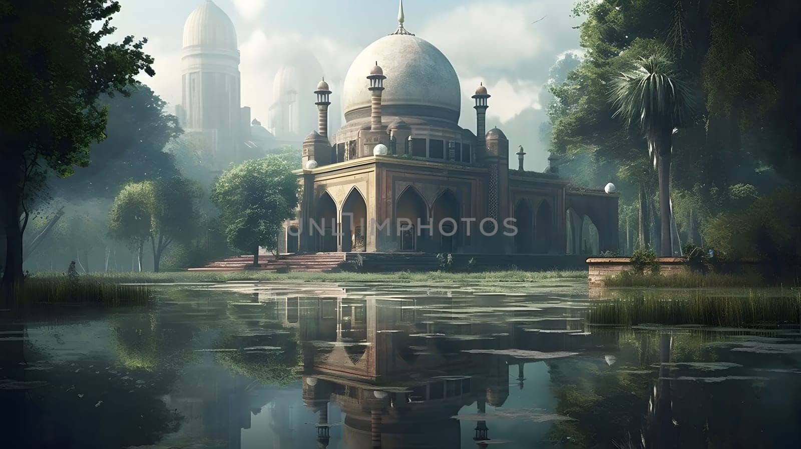 A serene digital artwork featuring a mosque by a tranquil lake, showcasing its reflection in the calm water.