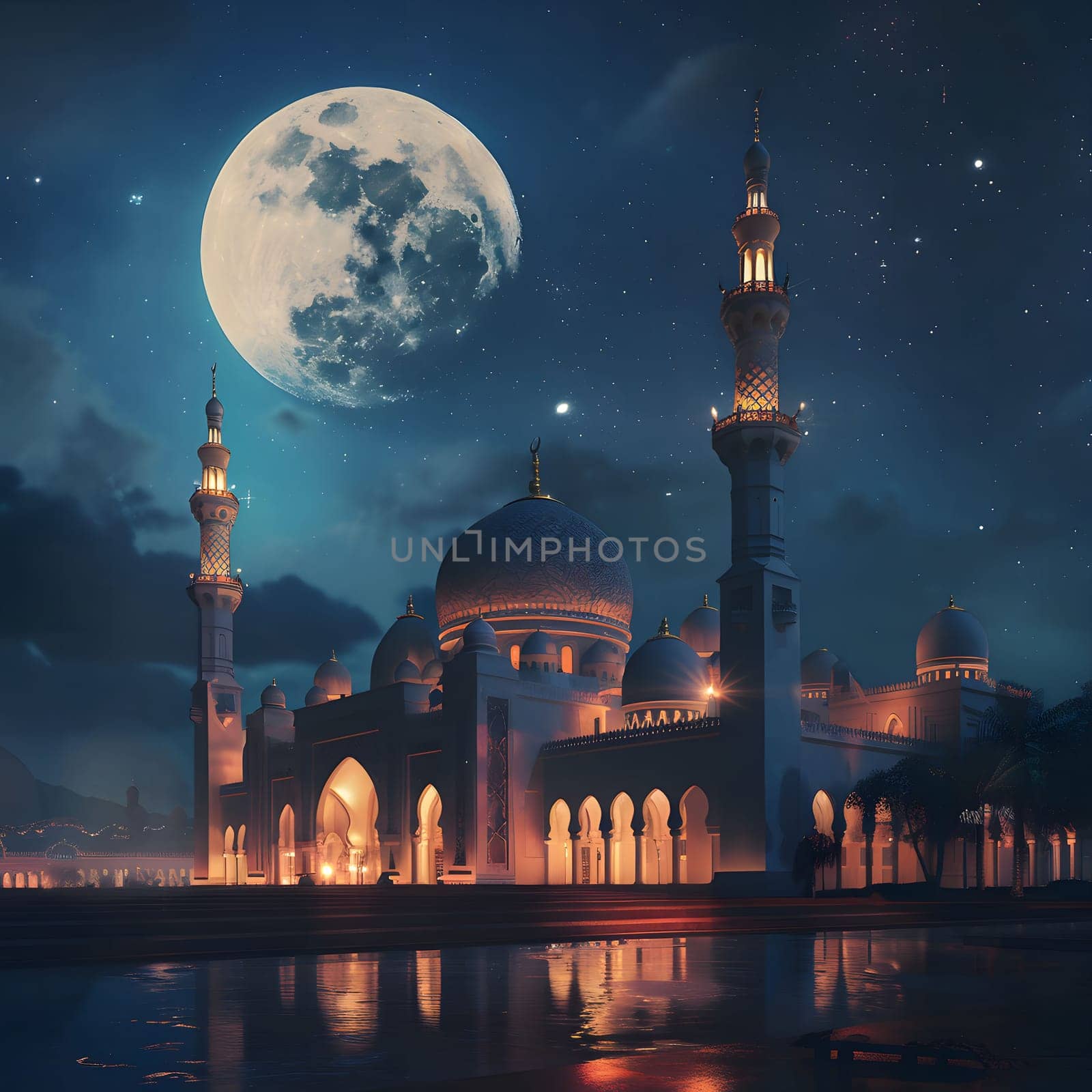 A majestic mosque illuminated under a full moon and a starry sky, reflecting in the calm waters below.