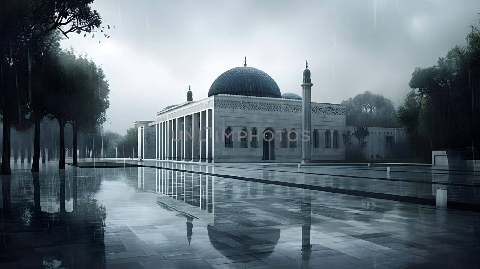 A majestic mosque stands under a grey sky, rain reflecting off the wet stone and creating a peaceful atmosphere.