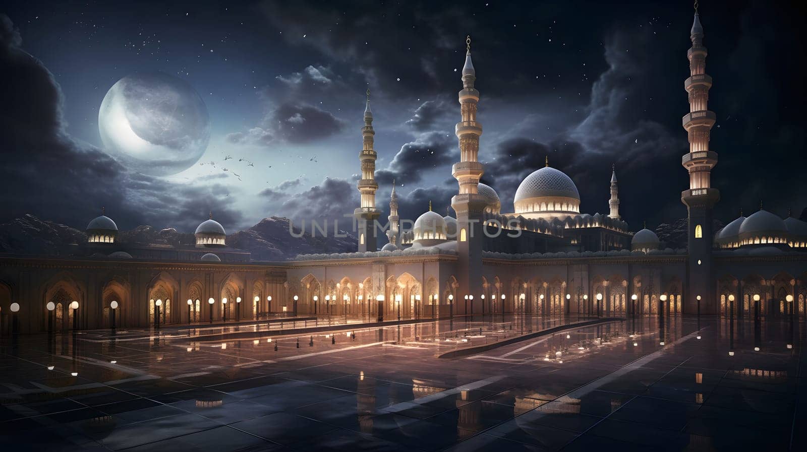 A majestic mosque illuminated by the soft glow of the moon at night, with a crescent moon shining brightly in the sky.