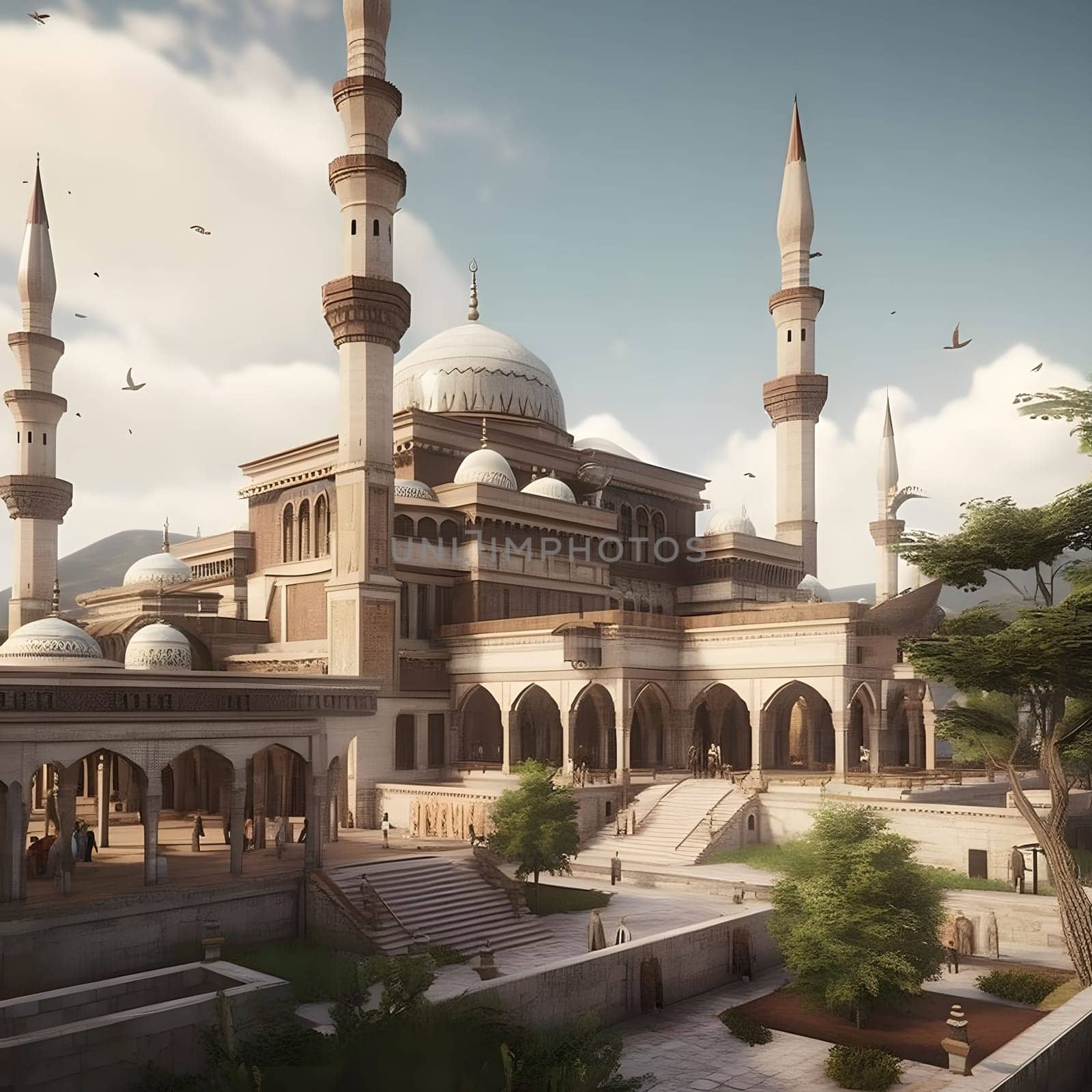 A stunning architectural rendering of a grand mosque, showcasing its intricate details, towering minarets, and ornate dome. The surrounding landscape adds to the grandeur of the structure, creating a serene and inspiring atmosphere.