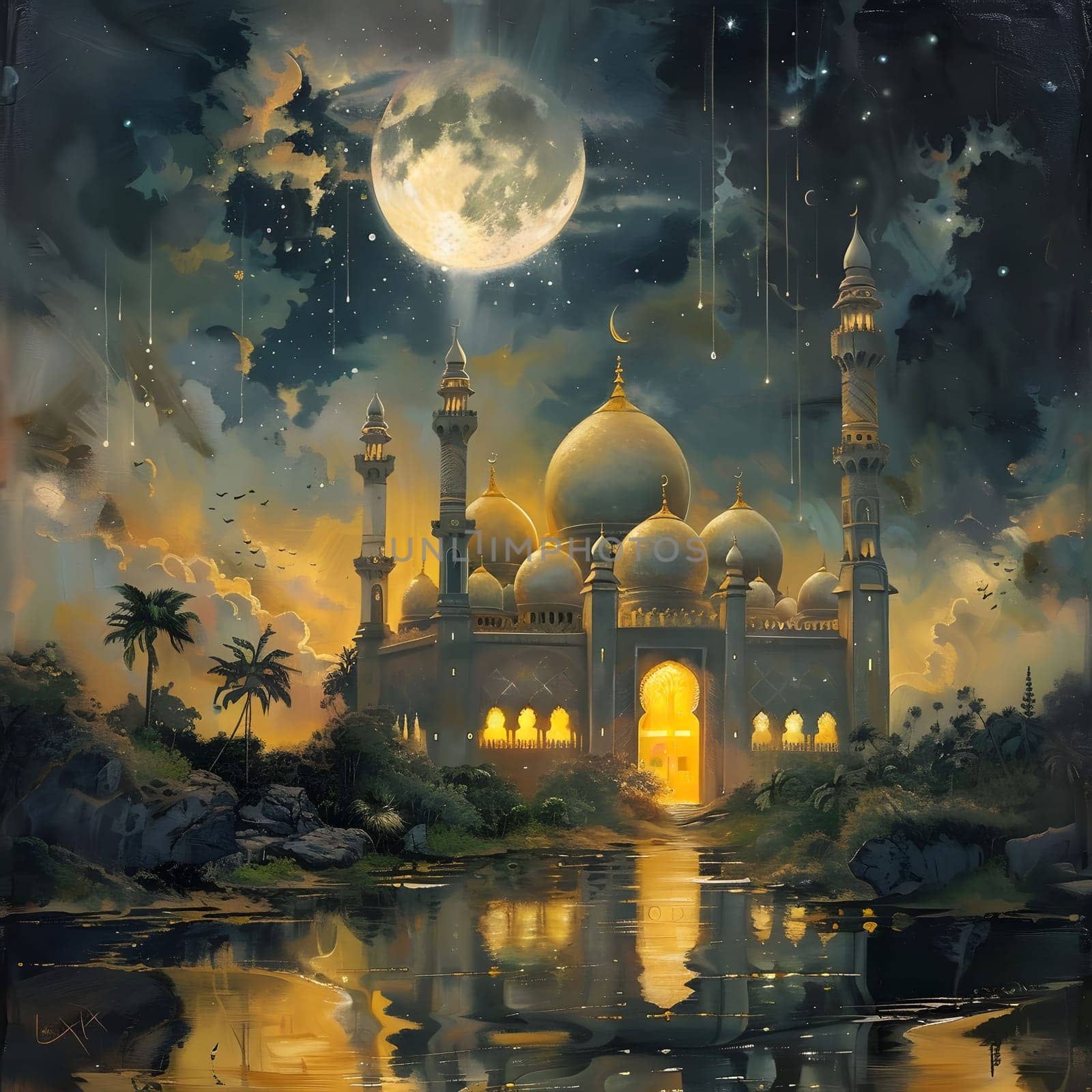 A mystical mosque stands tall under a starry night, illuminated by the glow of the moon. Its golden architecture reflects in the calm water, creating a serene and peaceful atmosphere.
