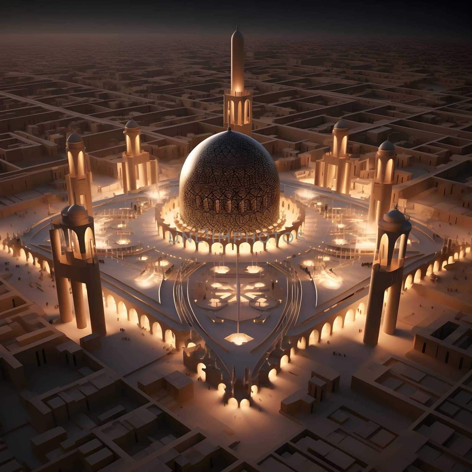 An aerial view of a grand mosque illuminated at dusk, capturing the intricate architecture and peaceful atmosphere.