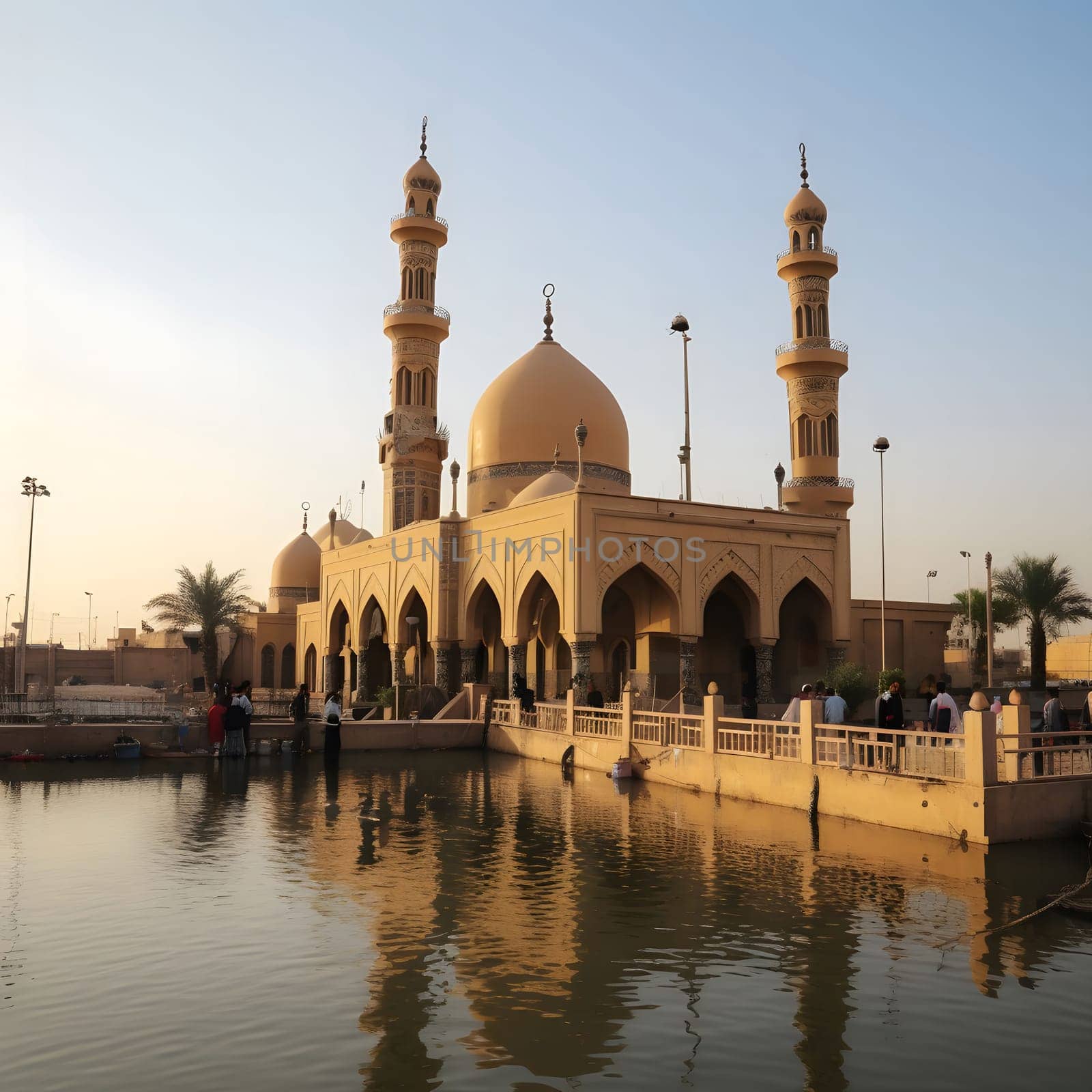 A mosque with a large dome and minarets, surrounded by water, reflecting the building.