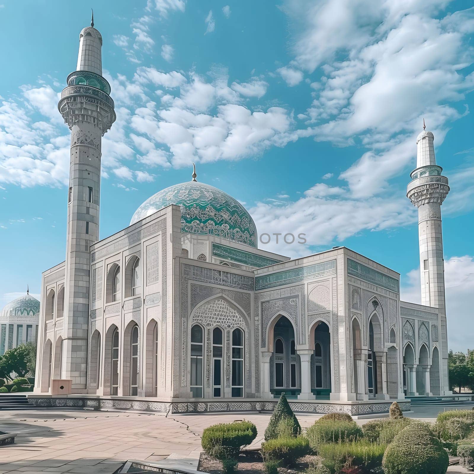A beautiful mosque with intricate details and a minaret reaching towards the sky.