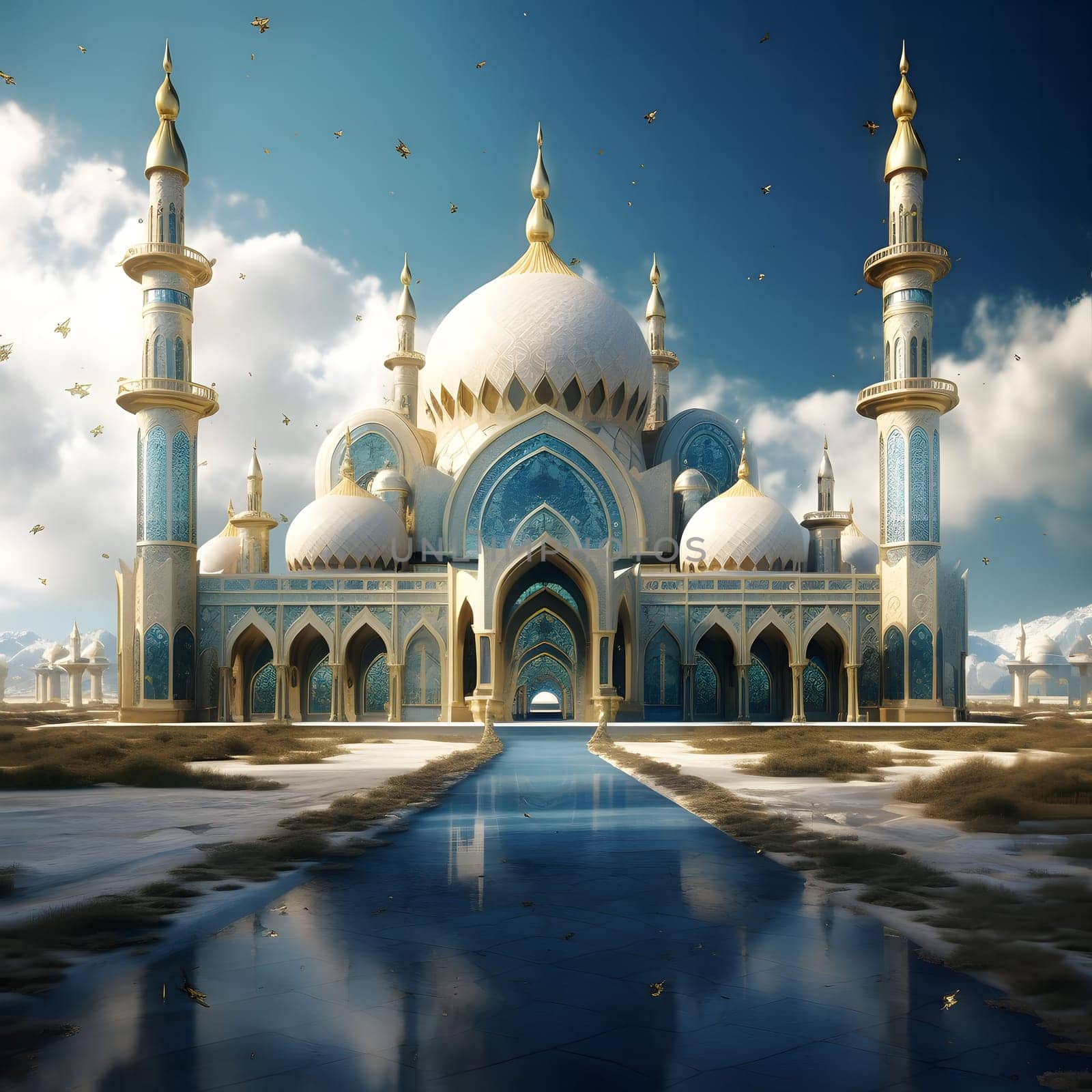 A stunning illustration of a grand mosque with intricate details and golden accents, capturing the beauty and serenity of Islamic architecture.