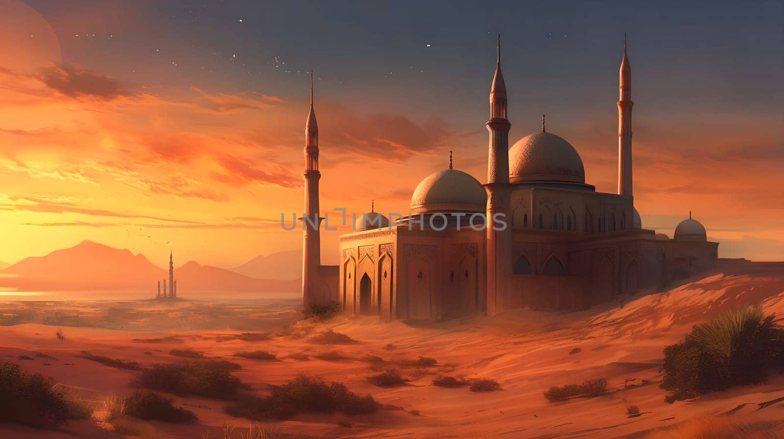 A stunning digital illustration depicting a grand mosque standing proudly in a vast desert landscape, bathed in the warm glow of a setting sun.