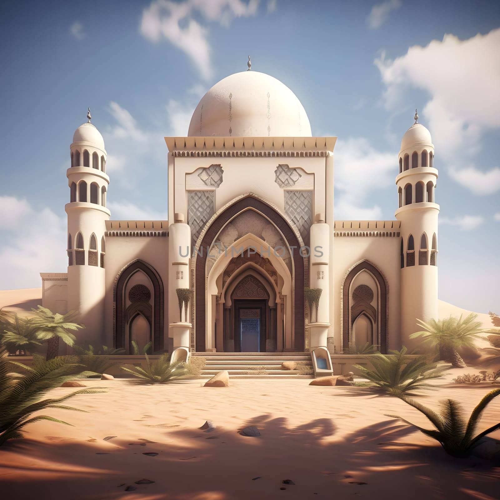 A white mosque stands tall in a desert setting, its intricate details and minarets reflecting the rich heritage of Islamic architecture.