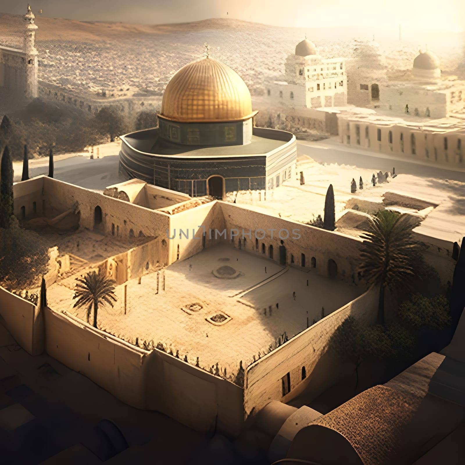 An aerial view of the Dome of the Rock mosque in Jerusalem, a holy site for Jews, Christians, and Muslims. The iconic golden dome shines brightly against the backdrop of the city.