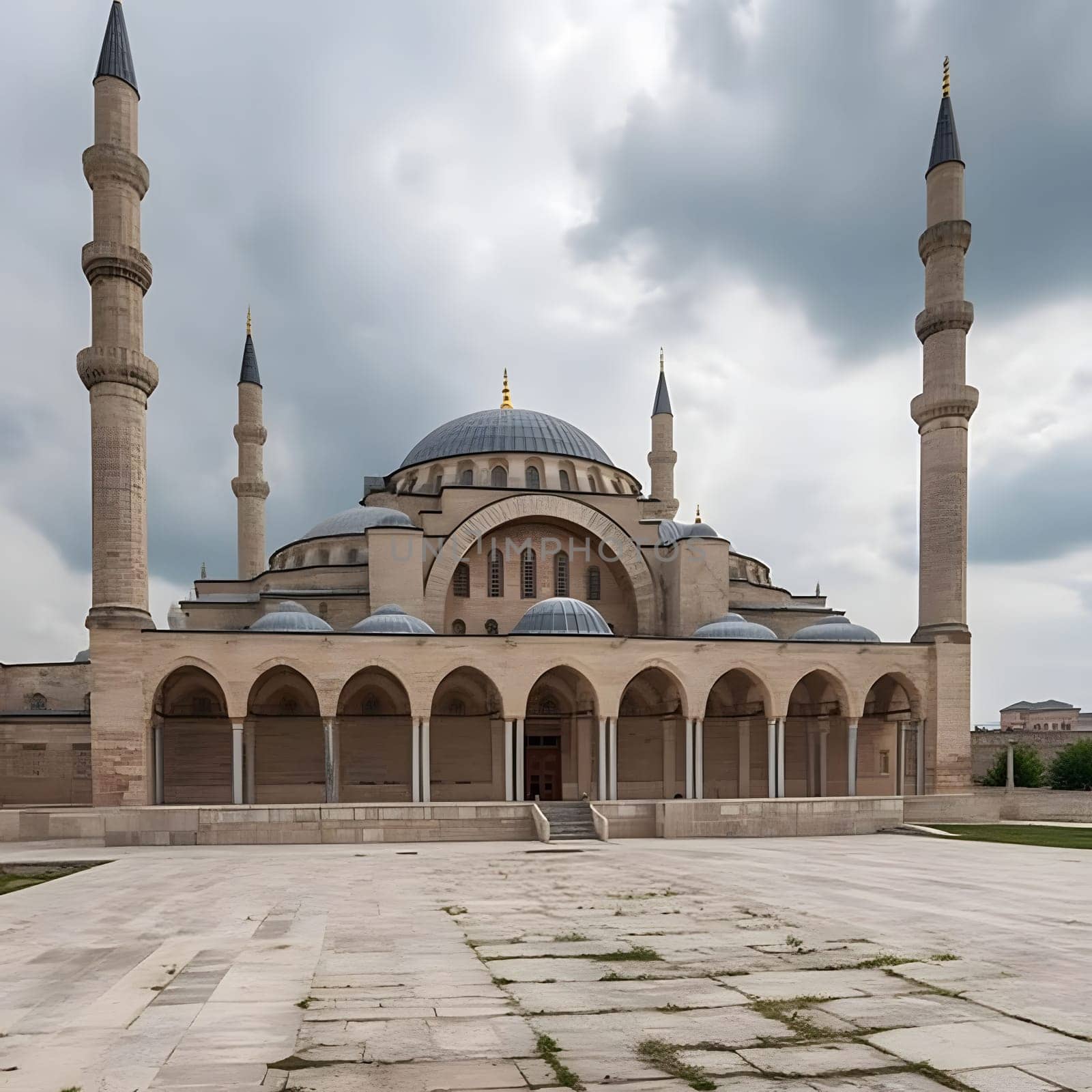 A magnificent mosque with multiple minarets, showcasing intricate architectural details and a grand dome. The mosque stands tall against a cloudy sky, embodying the rich history and culture of its location.