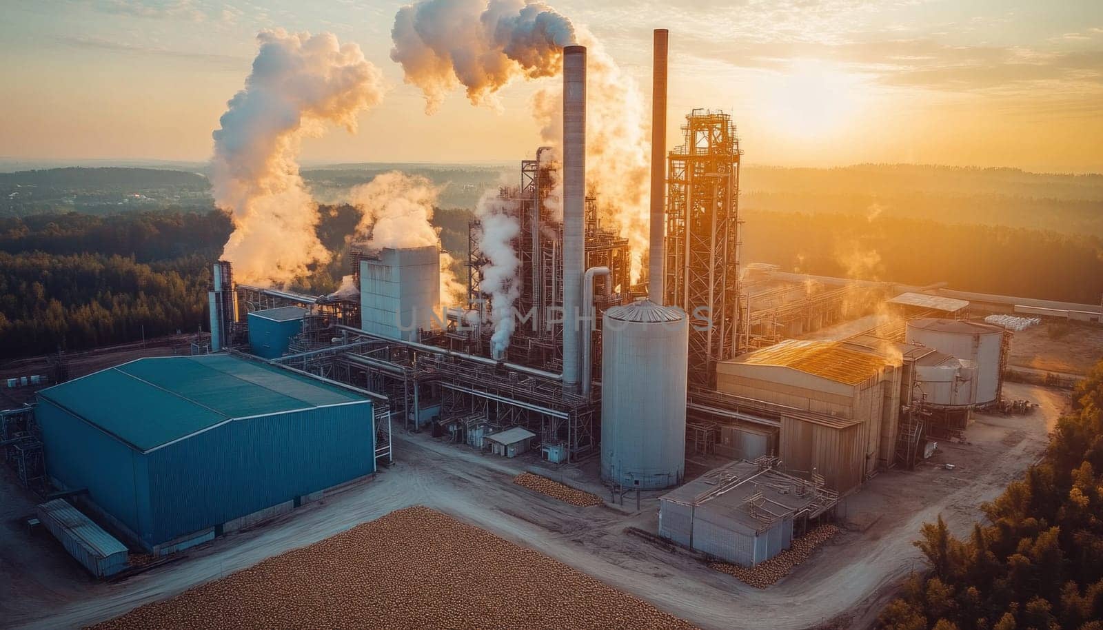 This is an aerial view that captures a factory with smoke billowing from its chimneys against a beautiful sunset
