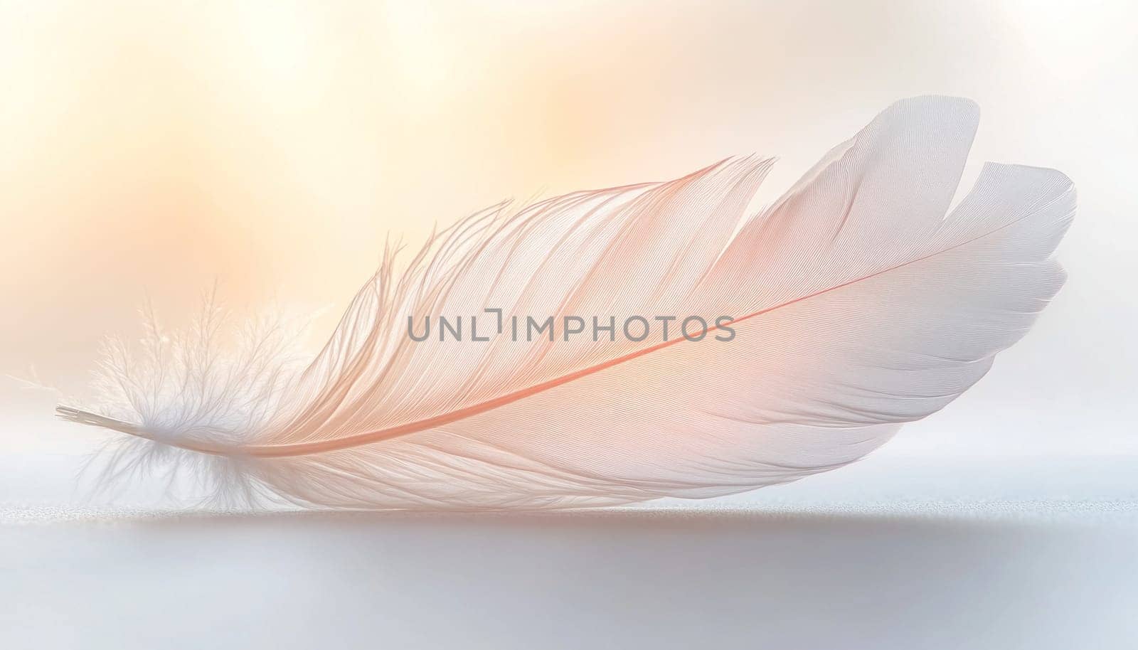 A delicate white feather is gracefully floating on a pristine white surface, creating a serene and calming scene