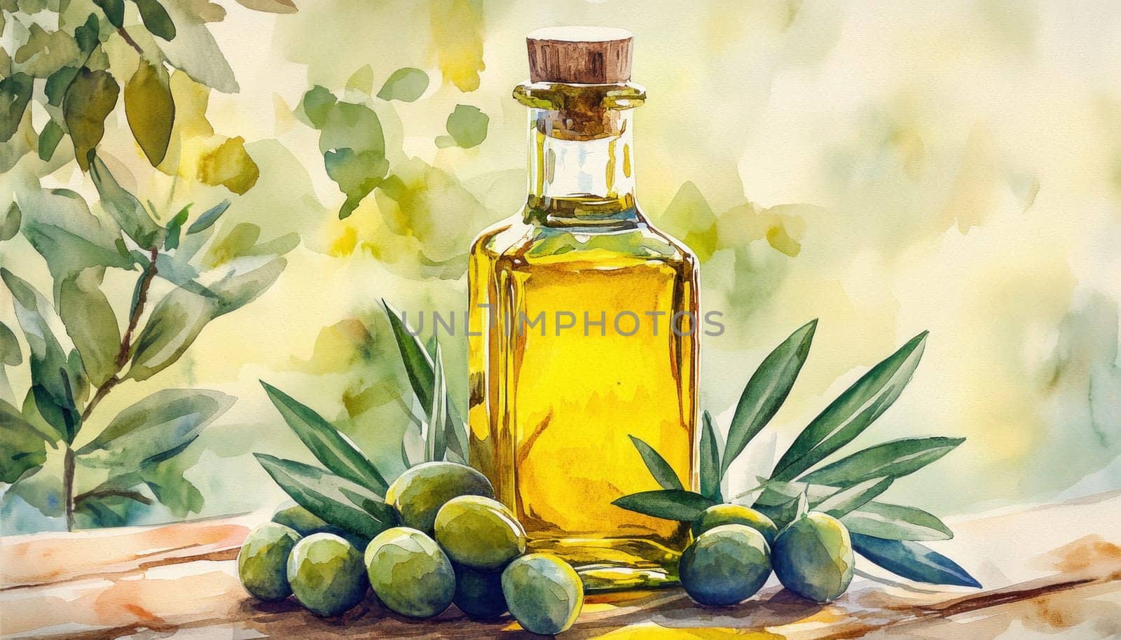 A decorative bottle filled with olive oil, accompanied by olives, beautifully arranged on a table surface