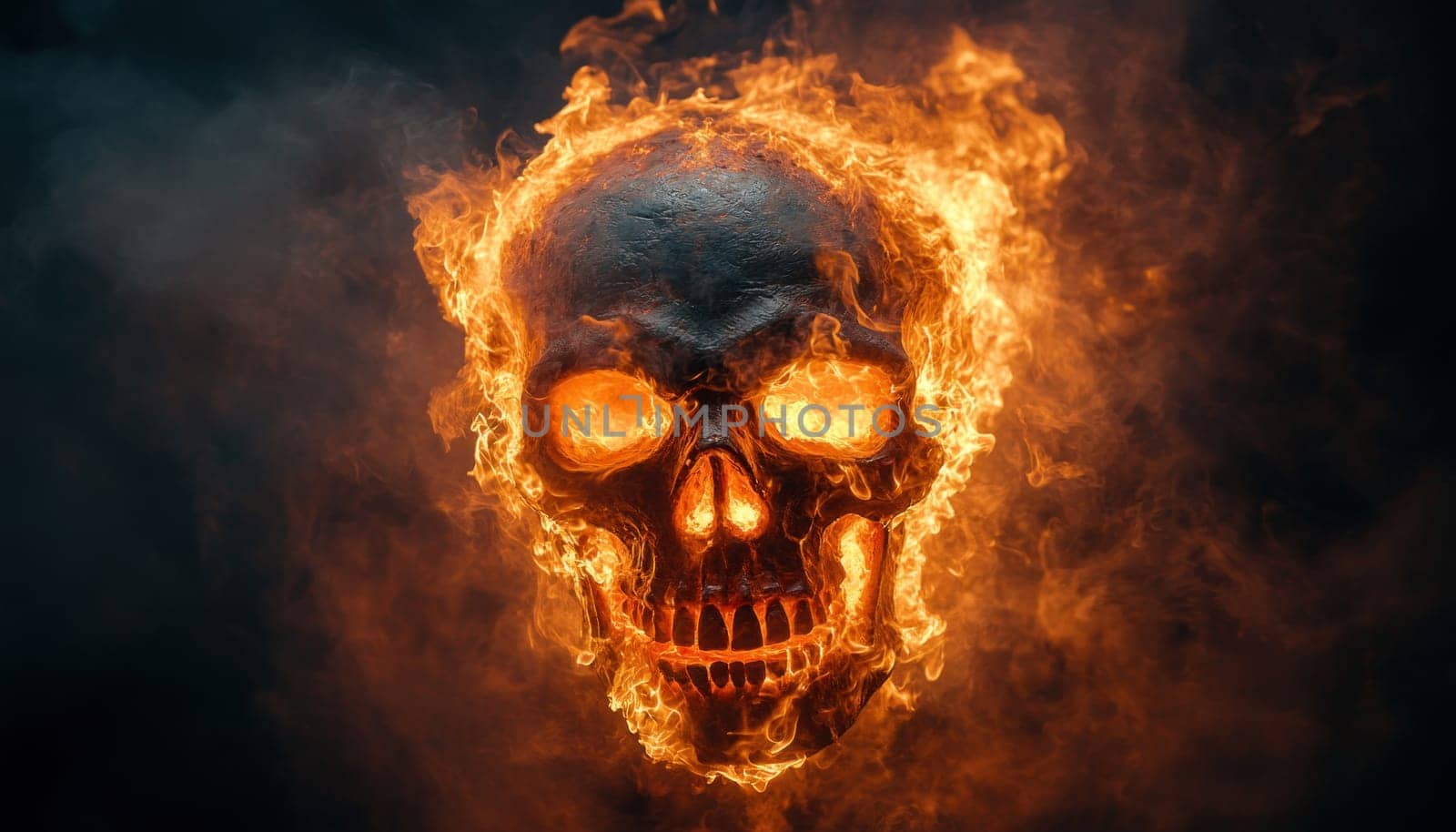 In a dimly lit room, a skull is encircled by ominous flames and swirling smoke, creating a chilling atmosphere