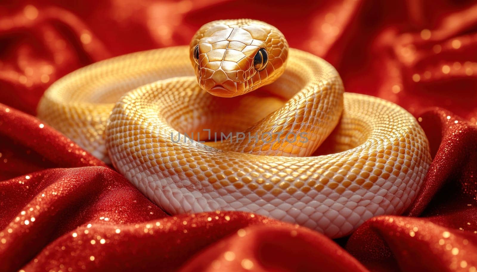 A detailed close up of a snake resting on a vibrant red cloth, showcasing its intricate scales and texture