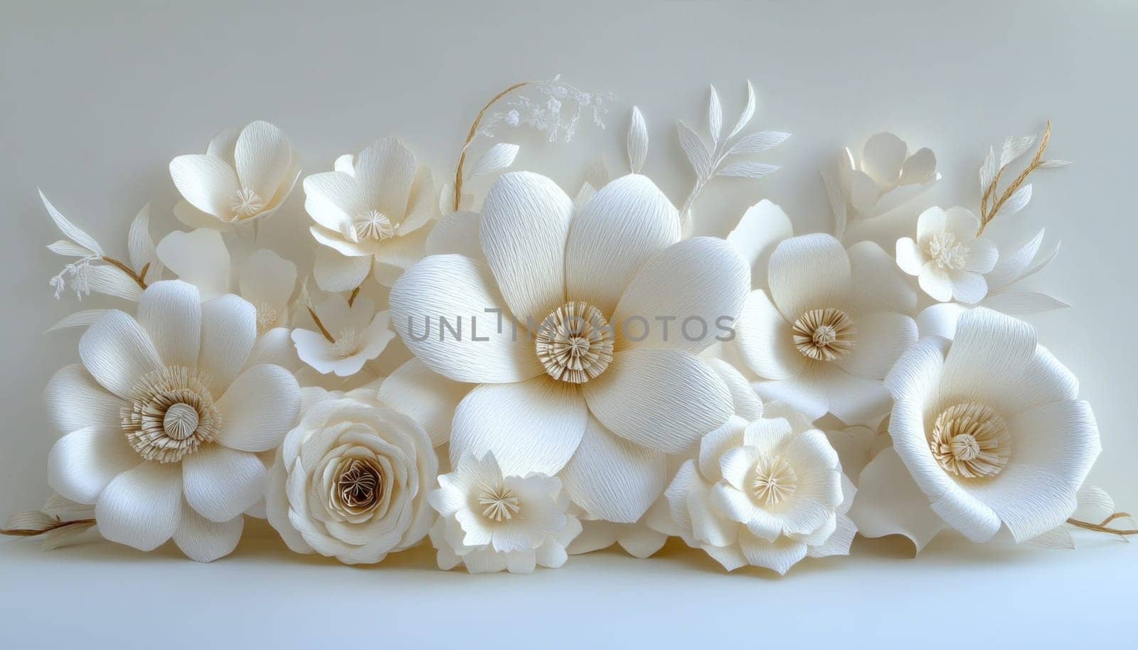 A beautiful arrangement of white flowers carefully displayed on a smooth white surface, creating a serene look