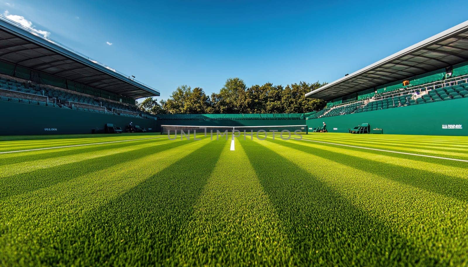 A beautifully maintained tennis court featuring lush green grass, with a large stadium visible in the background