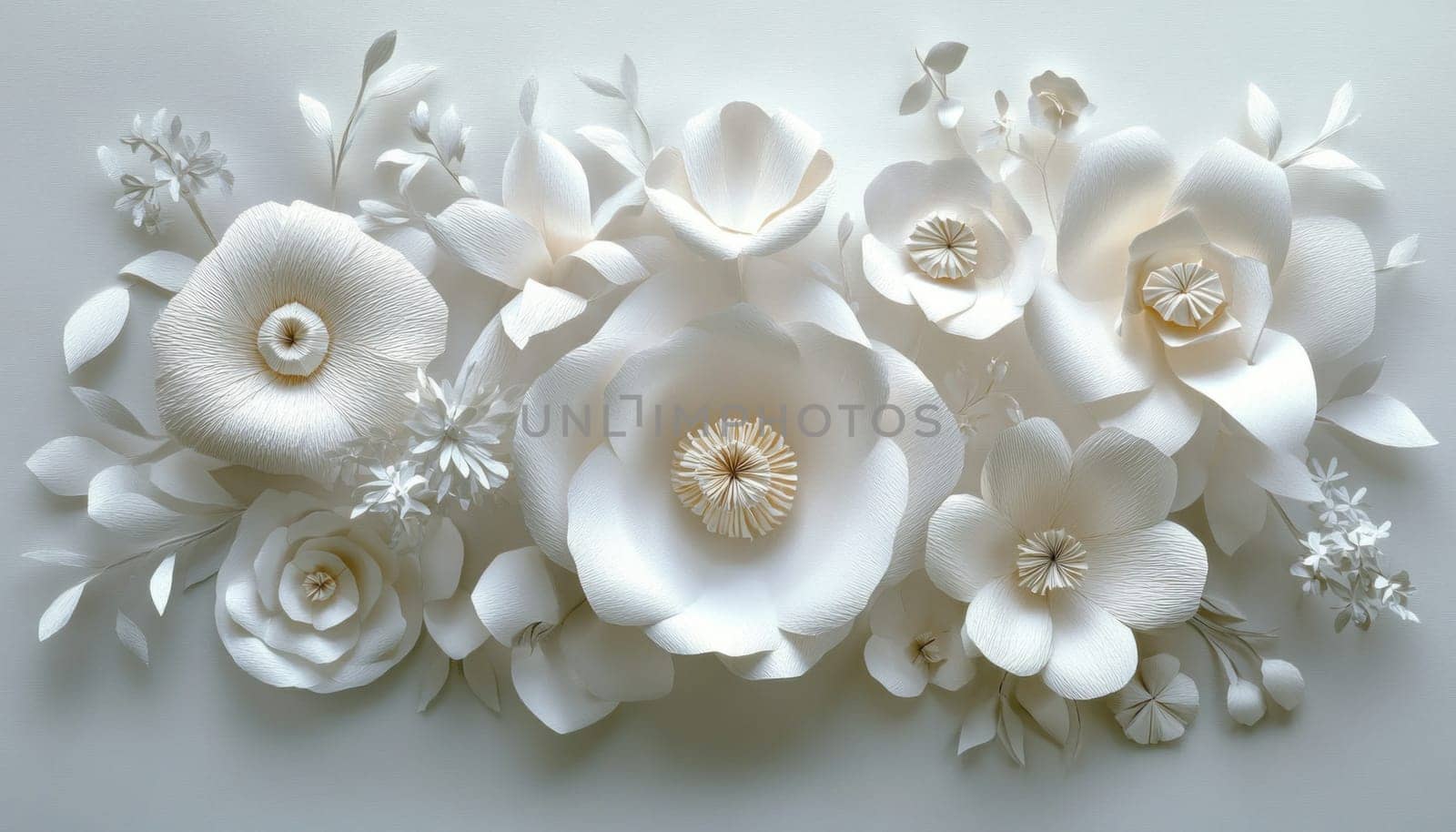 A beautiful arrangement of white flowers carefully displayed on a smooth white surface, creating a serene look