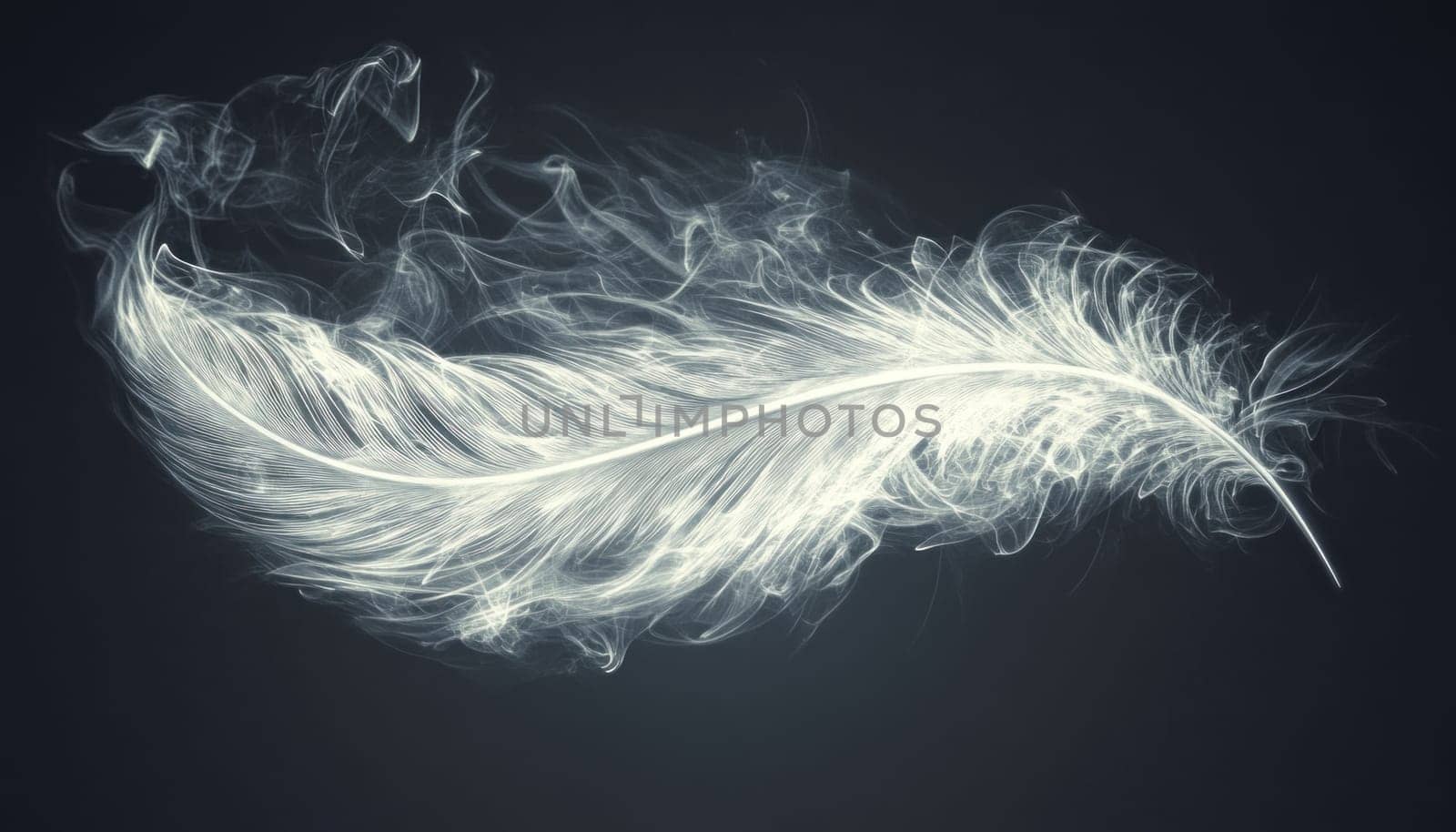 A delicate white feather is gently floating in the air against a striking black background, creating a contrast