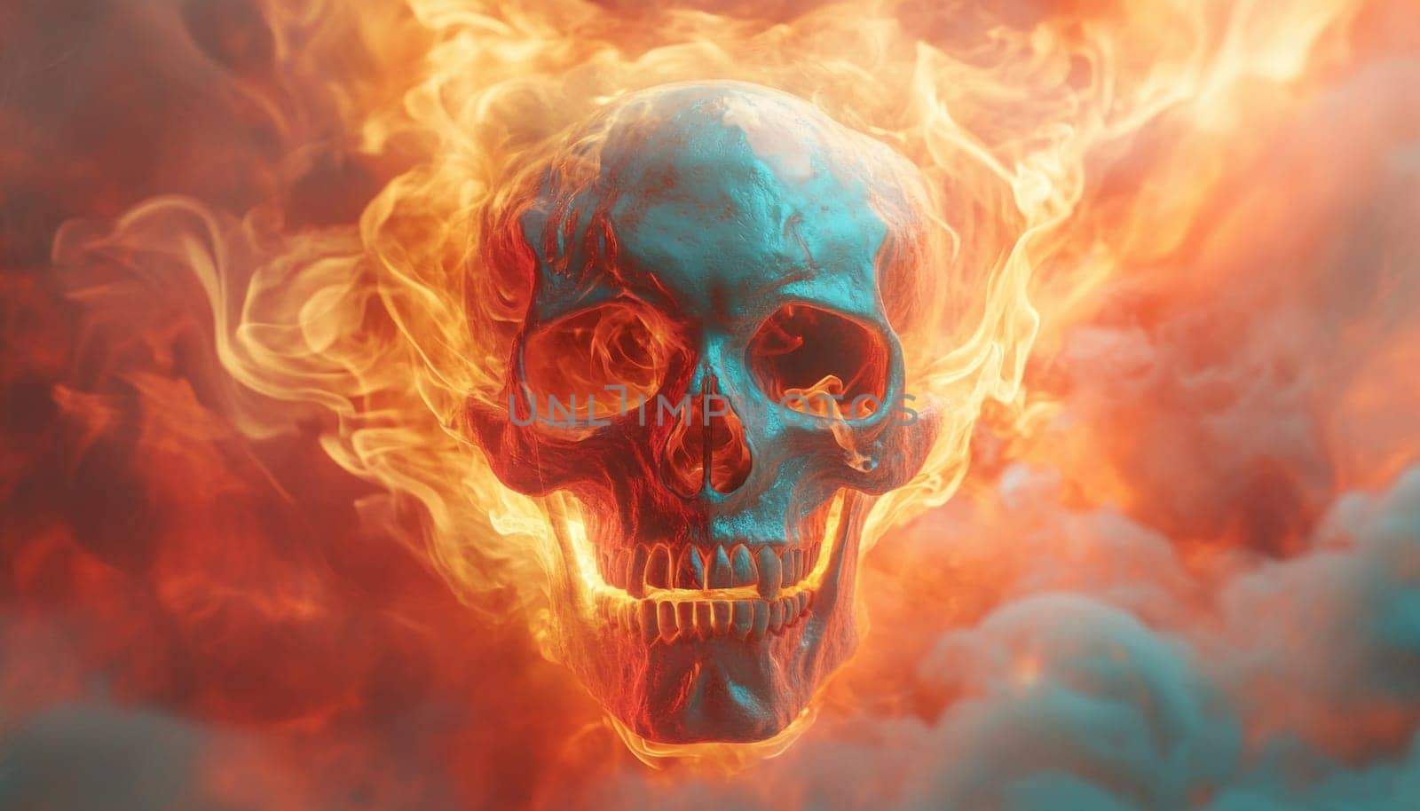 A detailed skull is dramatically surrounded by swirling flames and thick smoke, creating a striking image