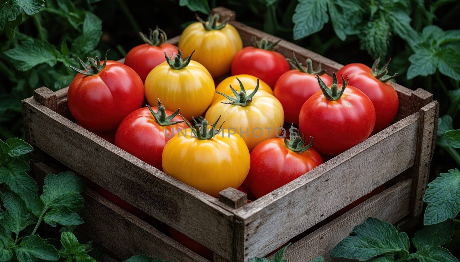 A large wooden crate that is filled with fresh red and yellow tomatoes ready for use in various dishes
