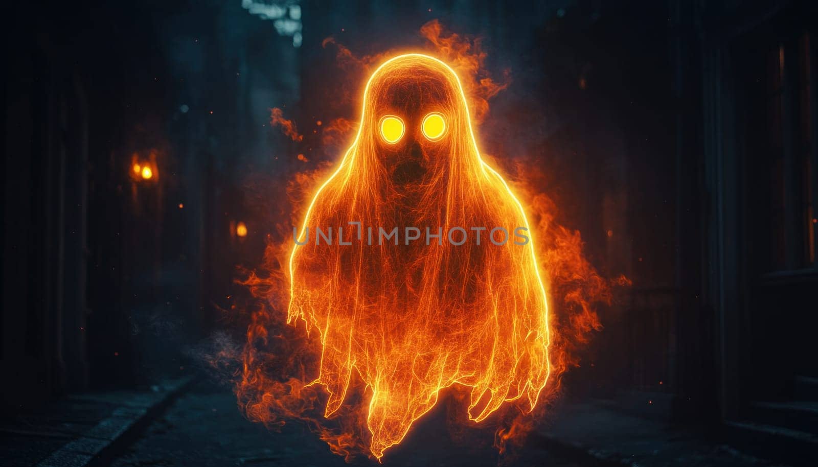 An eerie ghost that is made up entirely of mystical flames is standing in the total darkness of the night