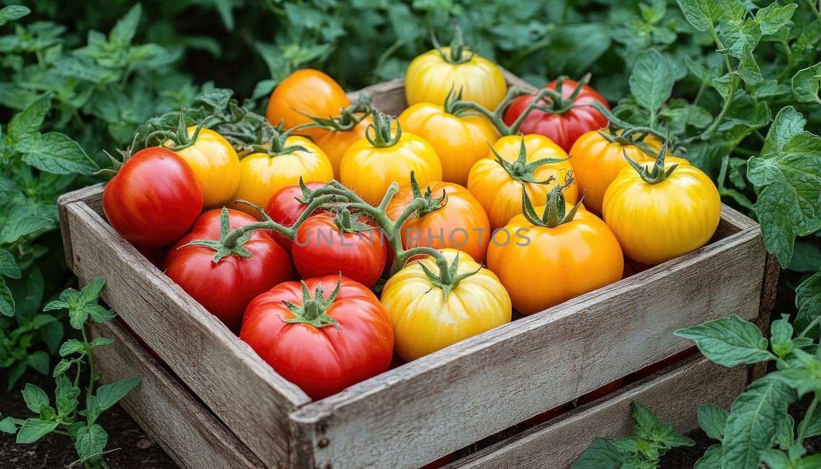 A wooden box is filled with an array of ripe red, yellow, and orange tomatoes, showcasing their vibrant colors