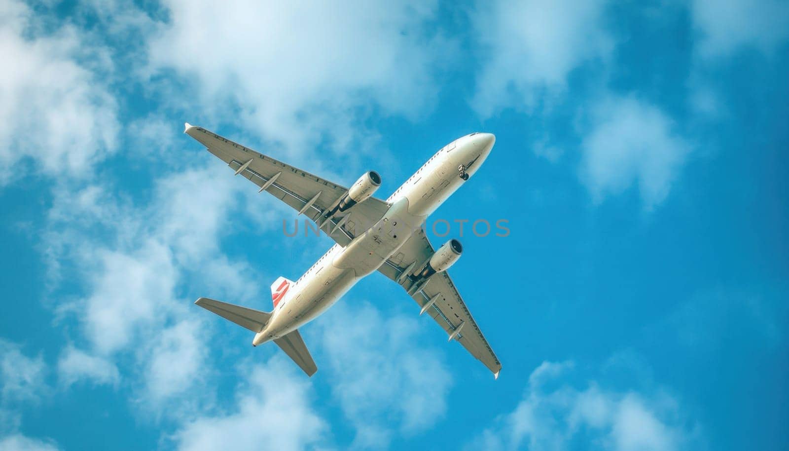 A large passenger jet is soaring gracefully through a bright blue sky that is dotted with fluffy white clouds