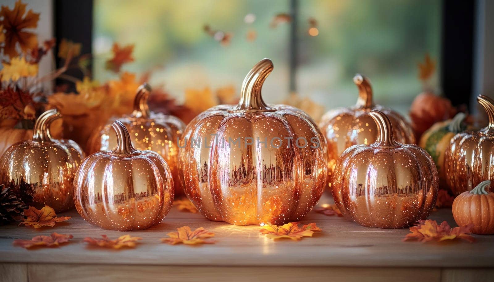 A delightful assortment of pumpkins is sitting atop a mantle, accompanied by beautiful leaves all around
