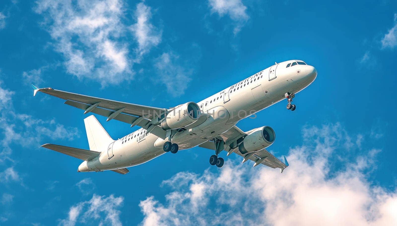 A large passenger jet is soaring gracefully through a bright blue sky that is dotted with fluffy white clouds
