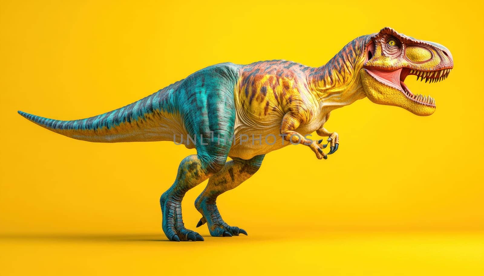 A vibrant and colorful toy dinosaur is playfully walking across a bright yellow background filled with joy