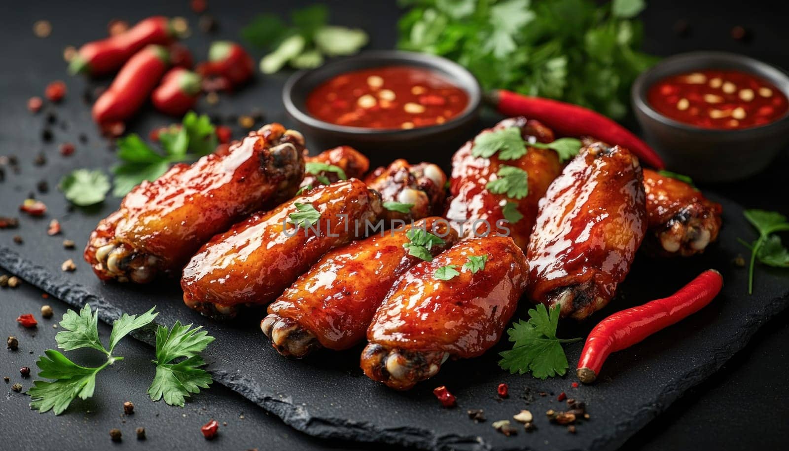 A detailed closeup of a delicious spread of chicken wings beautifully arranged on a cutting board with various sauces