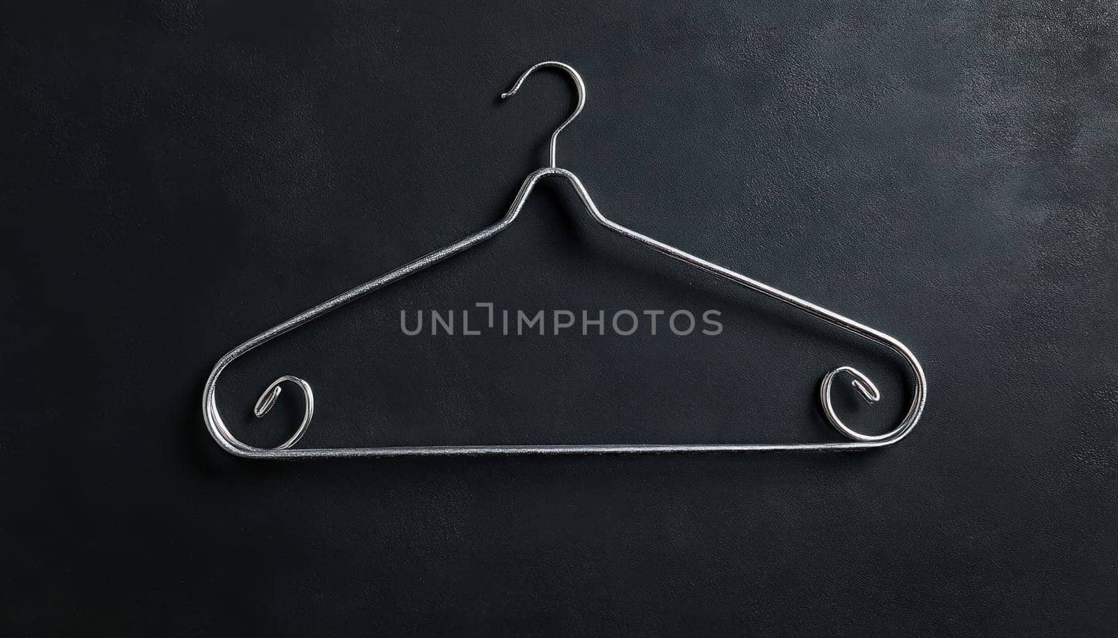 A metallic hanger is suspended and hanging on a dark black wall, creating an interesting visual effect