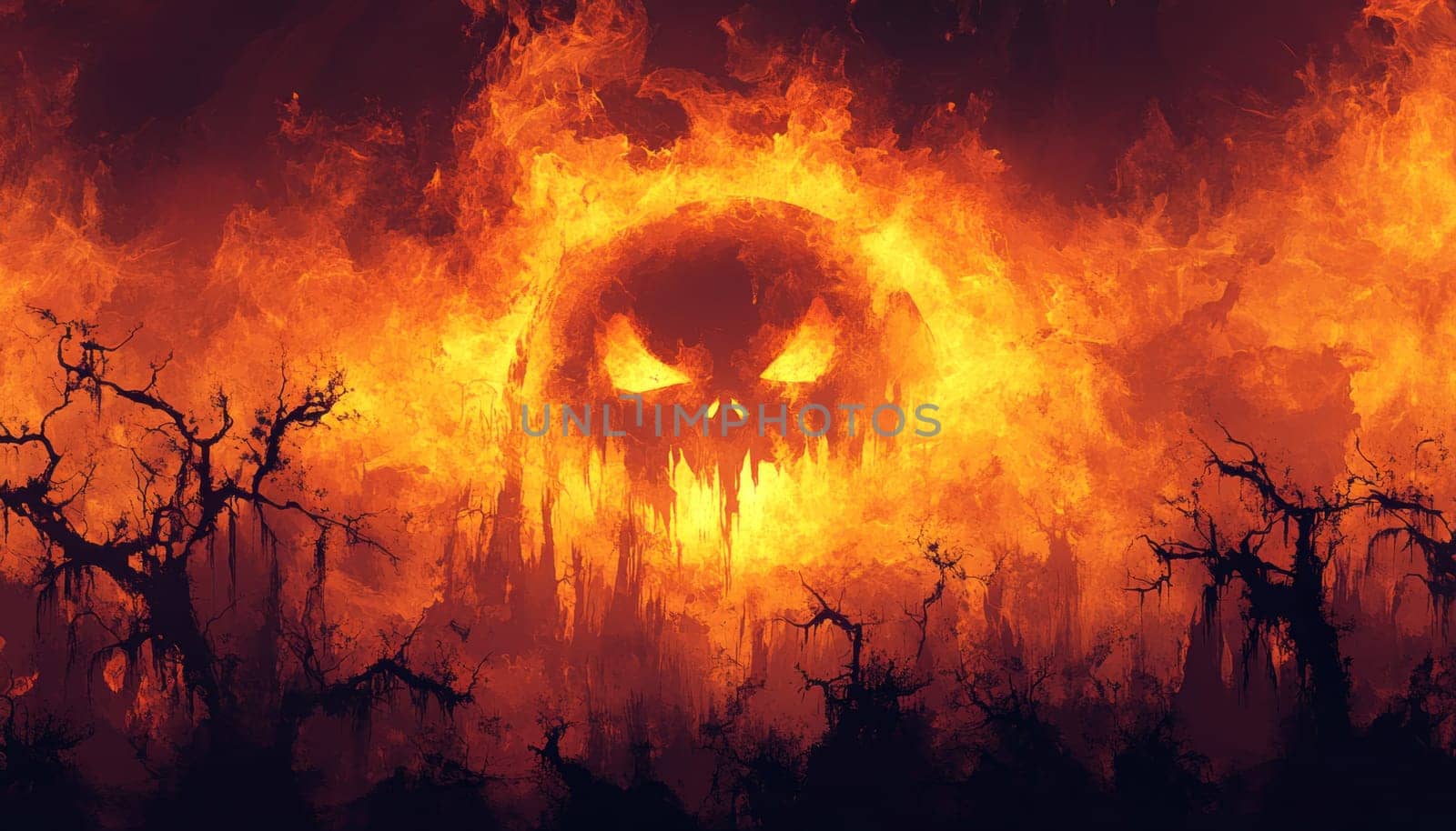 In a dark forest, a skull is eerily surrounded by bright orange flames that dramatically illuminate the scene