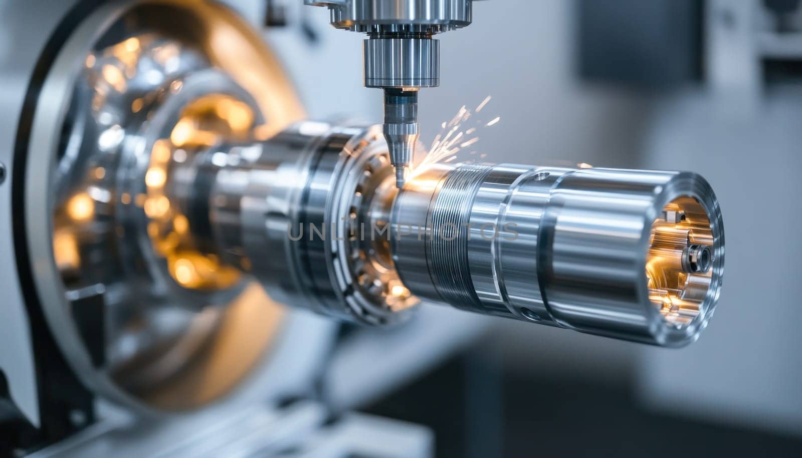 A powerful machine is cutting a piece of metal and producing bright sparks that fly out during the process