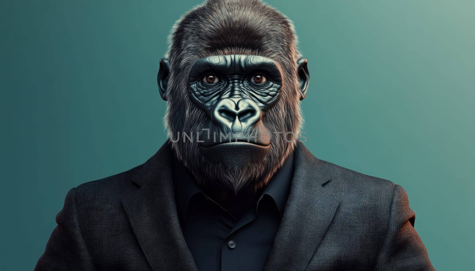 A gorilla wearing a formal suit is posing while looking directly at the camera with an amusing expression