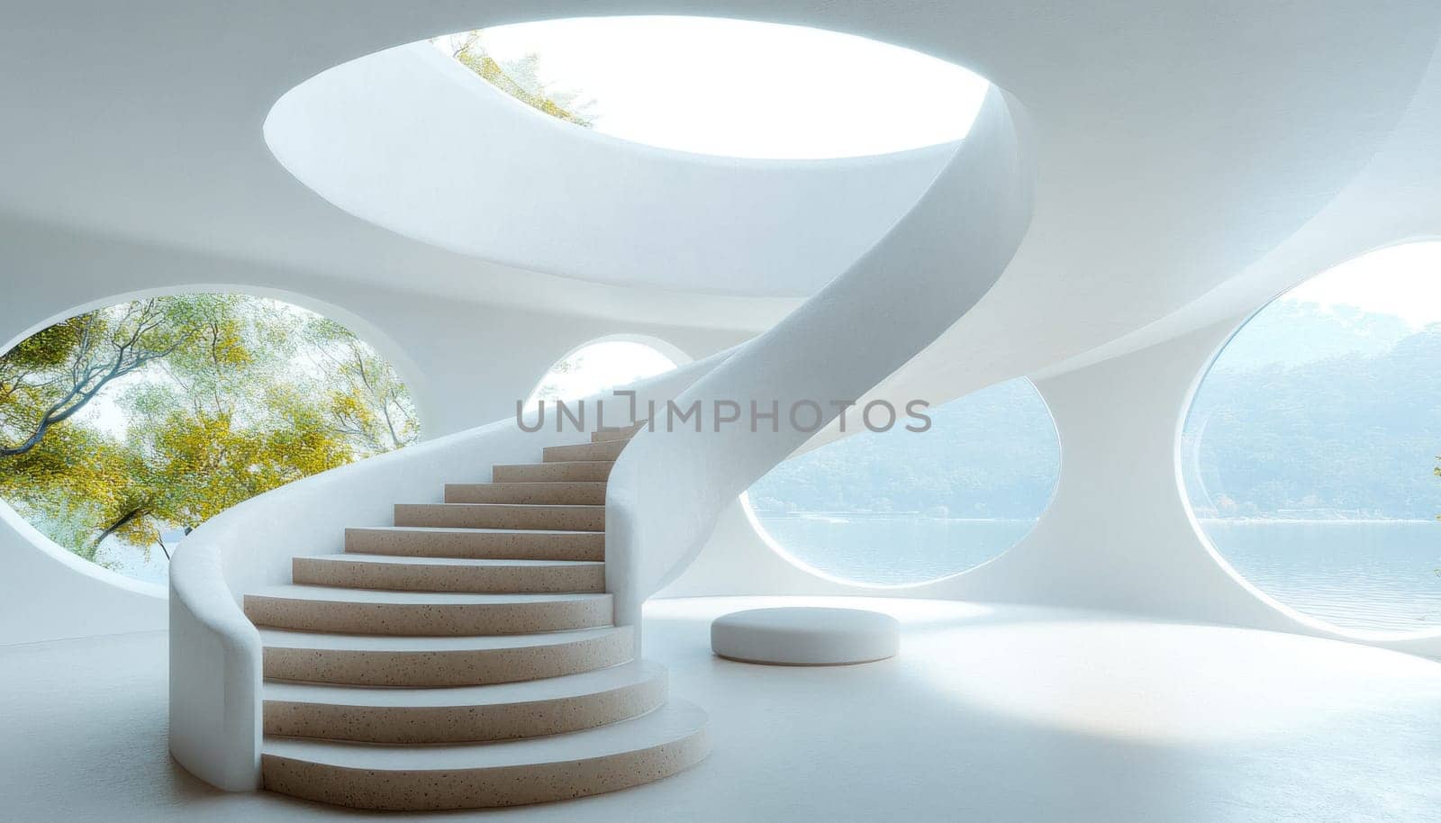 In the center of the large, open room, there is an elegant spiral staircase that spirals upward gracefully