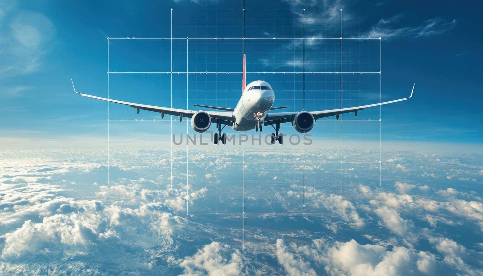 An airplane is currently flying high in the expansive sky, gracefully above the fluffy white clouds